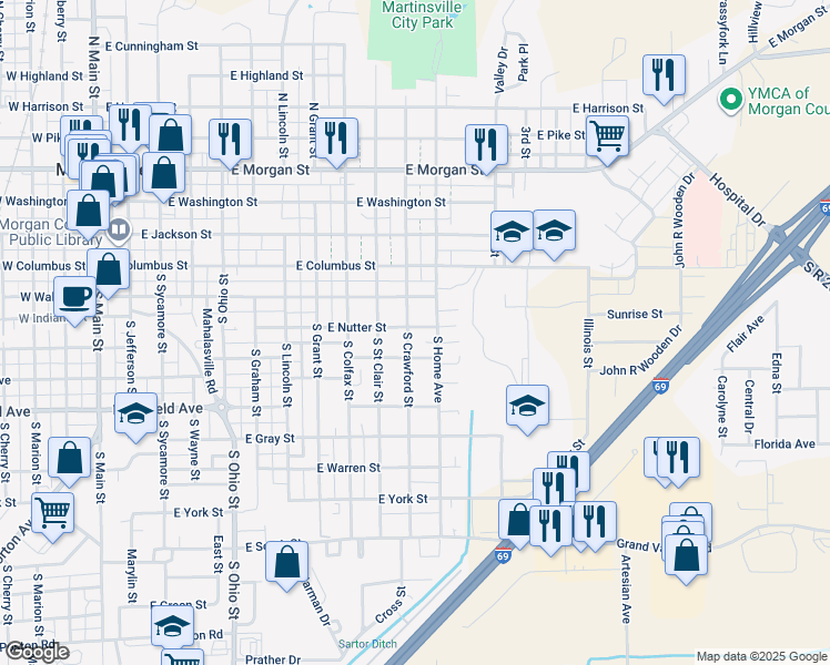 map of restaurants, bars, coffee shops, grocery stores, and more near 409 South Crawford Street in Martinsville