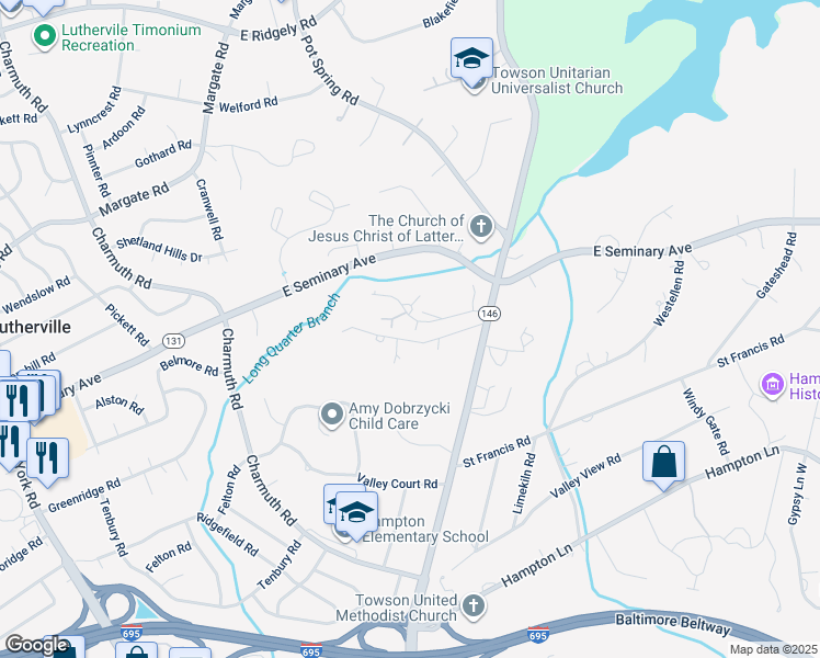 map of restaurants, bars, coffee shops, grocery stores, and more near 311 Meadowcroft Lane in Timonium