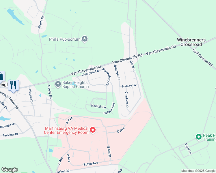 map of restaurants, bars, coffee shops, grocery stores, and more near 193 Shrewsbury Drive in Martinsburg