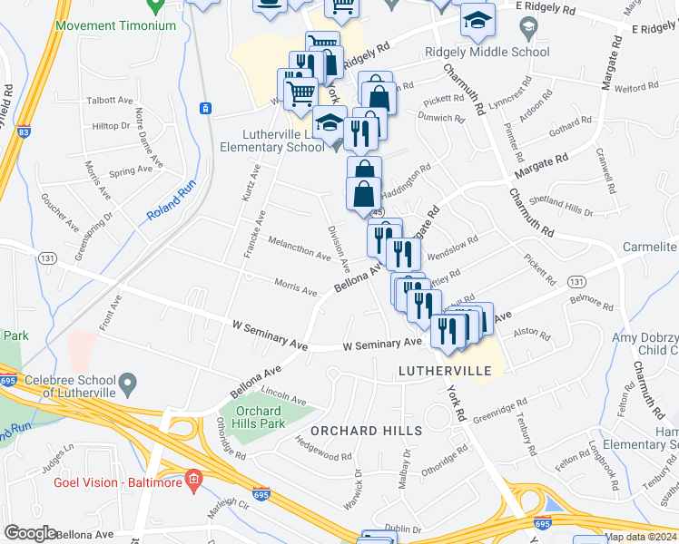 map of restaurants, bars, coffee shops, grocery stores, and more near 201 Melancthon Avenue in Lutherville-Timonium