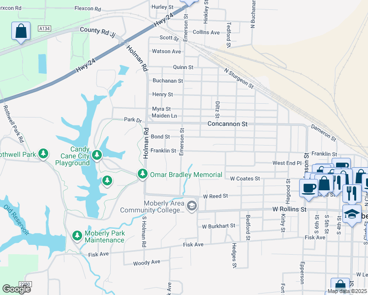 map of restaurants, bars, coffee shops, grocery stores, and more near 1127 Franklin Street in Moberly