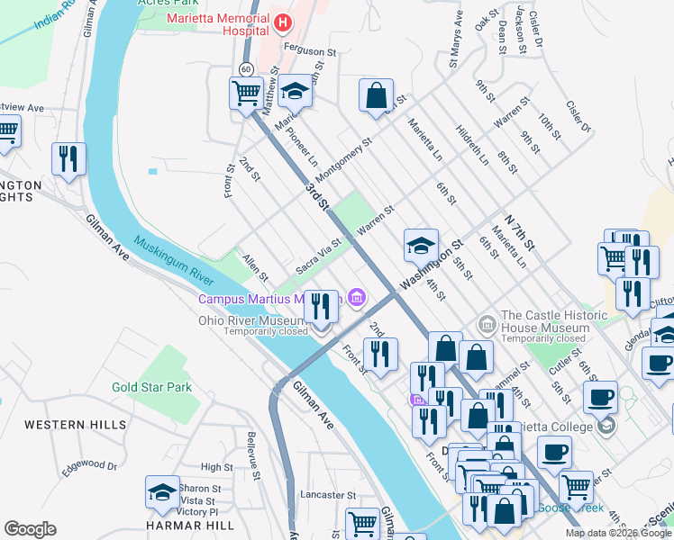 map of restaurants, bars, coffee shops, grocery stores, and more near 628 2nd Street in Marietta