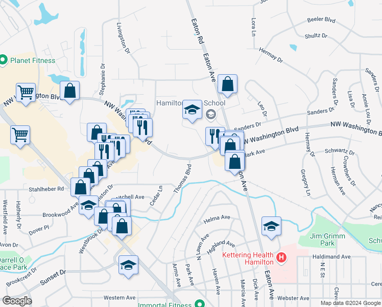 map of restaurants, bars, coffee shops, grocery stores, and more near 1190 Northwest Washington Boulevard in Hamilton
