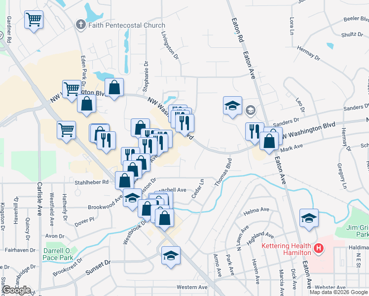 map of restaurants, bars, coffee shops, grocery stores, and more near 173 North Brookwood Avenue in Hamilton