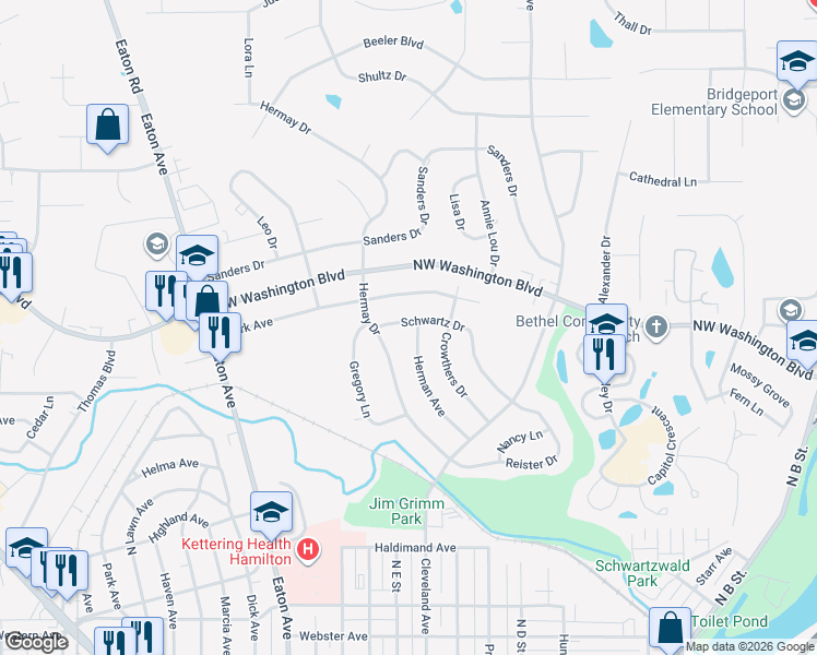 map of restaurants, bars, coffee shops, grocery stores, and more near 755 Schwartz Drive in Hamilton