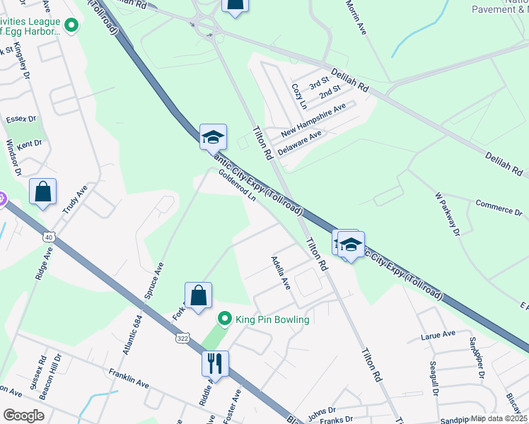 map of restaurants, bars, coffee shops, grocery stores, and more near 119 Goldenrod Lane in Egg Harbor Township