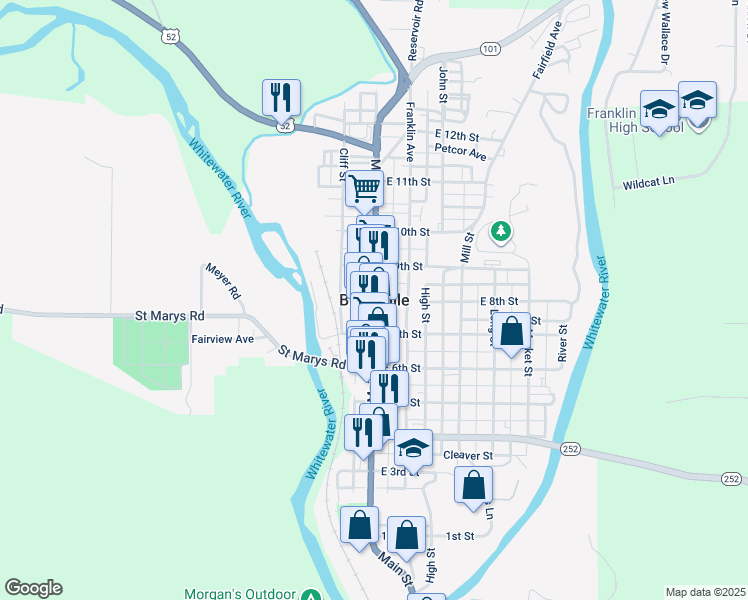 map of restaurants, bars, coffee shops, grocery stores, and more near in Brookville