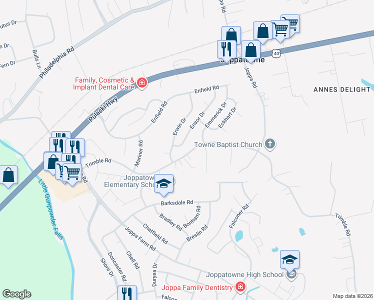 map of restaurants, bars, coffee shops, grocery stores, and more near 420 Trimble Road in Harford County