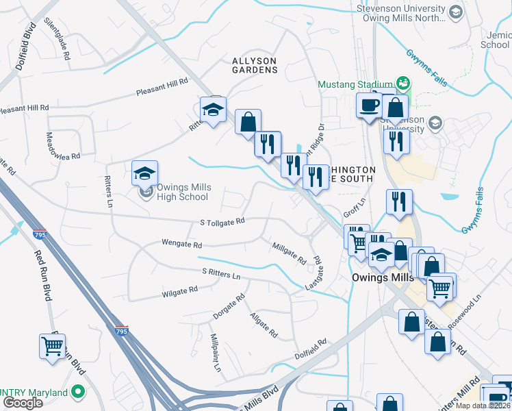map of restaurants, bars, coffee shops, grocery stores, and more near 21 Old Tollgate Parkway in Reisterstown