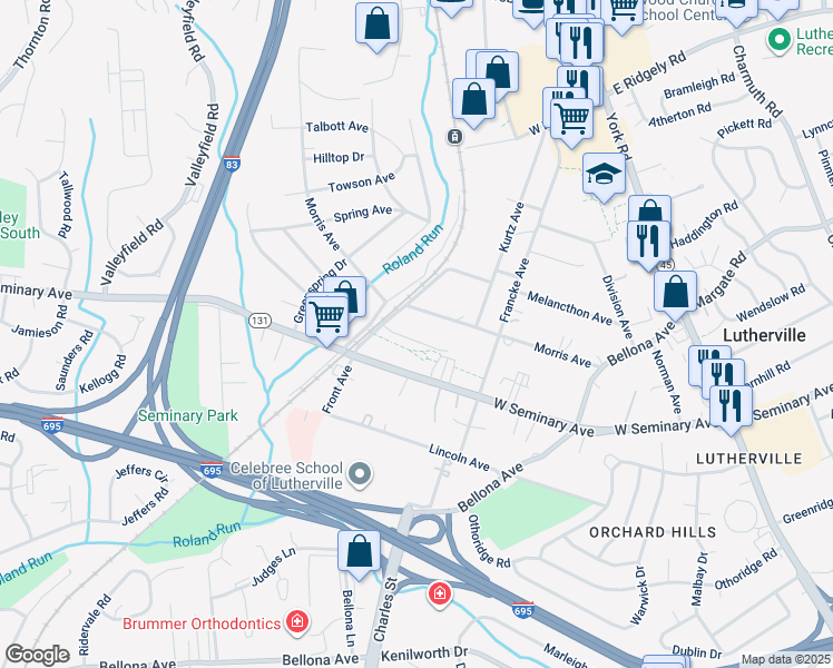 map of restaurants, bars, coffee shops, grocery stores, and more near 313 Morris Avenue in Lutherville-Timonium