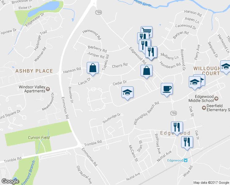 map of restaurants, bars, coffee shops, grocery stores, and more near 2099 Cedar Drive in Edgewood