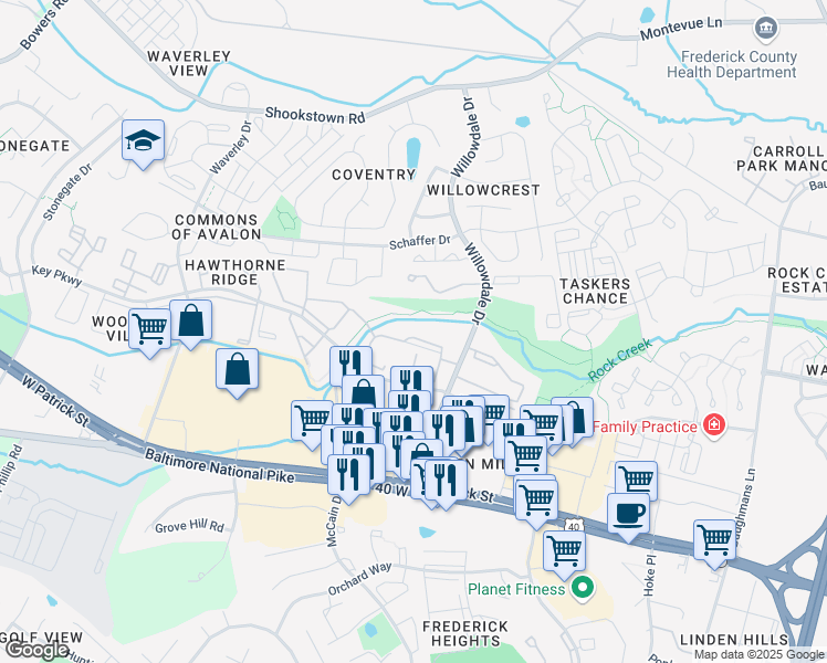 map of restaurants, bars, coffee shops, grocery stores, and more near 147 Willowdale Drive in Frederick