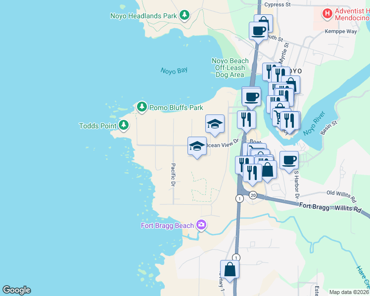 map of restaurants, bars, coffee shops, grocery stores, and more near 2 North Harbor Drive in Fort Bragg