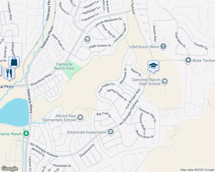 map of restaurants, bars, coffee shops, grocery stores, and more near 10648 Fire Poppy Circle in Reno