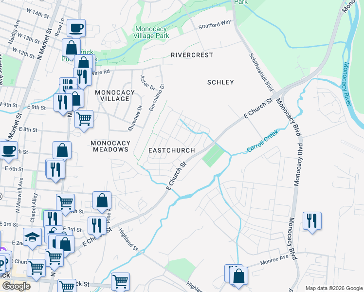 map of restaurants, bars, coffee shops, grocery stores, and more near 1109 Holden Road in Frederick
