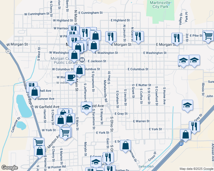 map of restaurants, bars, coffee shops, grocery stores, and more near 400 South Ohio Street in Martinsville