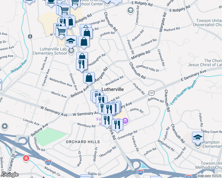 map of restaurants, bars, coffee shops, grocery stores, and more near 18 Croftley Road in Lutherville-Timonium