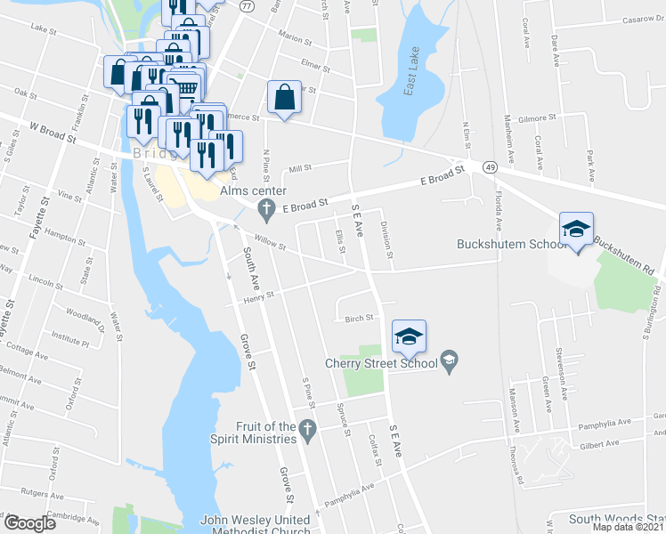 map of restaurants, bars, coffee shops, grocery stores, and more near 112 Willow Street in Bridgeton