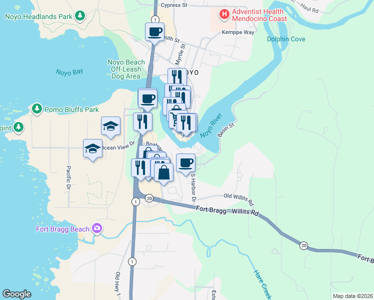 map of restaurants, bars, coffee shops, grocery stores, and more near 19290 South Harbor Drive in Fort Bragg