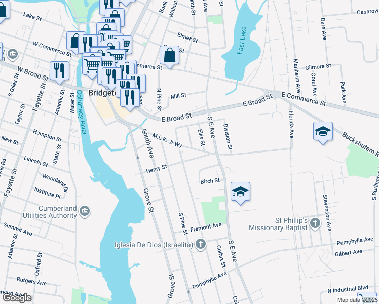 map of restaurants, bars, coffee shops, grocery stores, and more near 112 Willow Street in Bridgeton