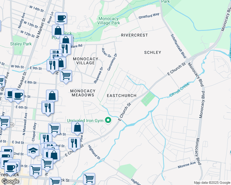 map of restaurants, bars, coffee shops, grocery stores, and more near 829 Lindley Road in Frederick