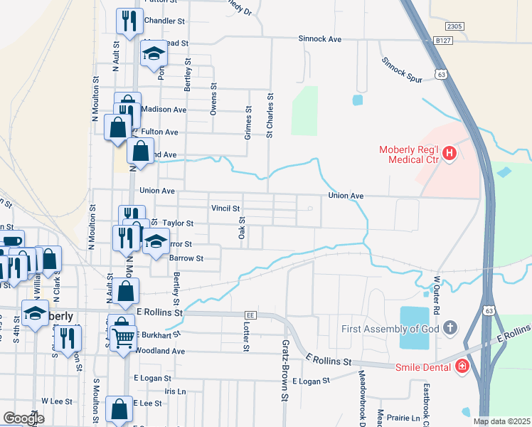 map of restaurants, bars, coffee shops, grocery stores, and more near 722-732 Vincil Street in Moberly