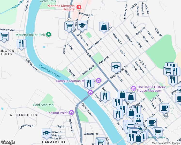 map of restaurants, bars, coffee shops, grocery stores, and more near Sacra Via Street in Marietta
