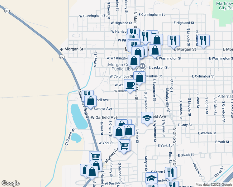 map of restaurants, bars, coffee shops, grocery stores, and more near 450 South Marion Street in Martinsville