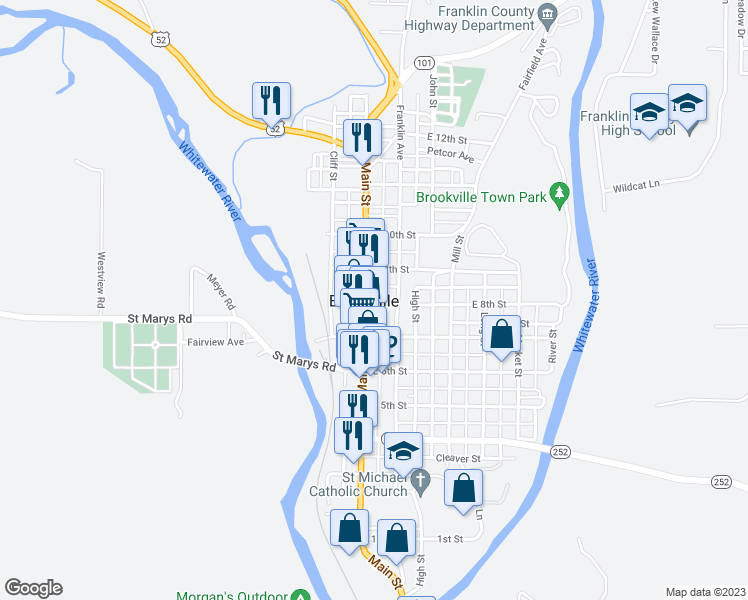 map of restaurants, bars, coffee shops, grocery stores, and more near 801 Main Street in Brookville