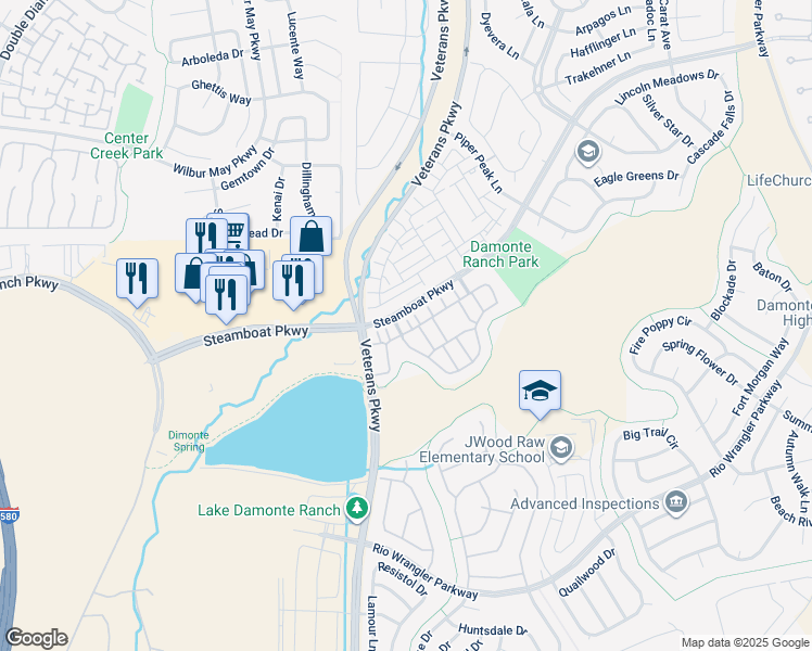 map of restaurants, bars, coffee shops, grocery stores, and more near 1801 Wind Ranch Road in Reno