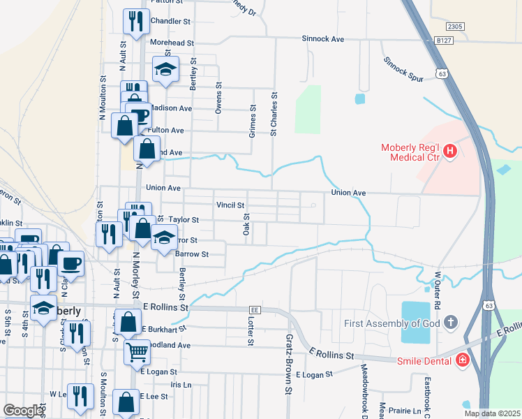 map of restaurants, bars, coffee shops, grocery stores, and more near 722 Vincil Street in Moberly