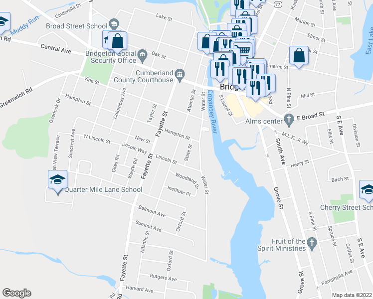 map of restaurants, bars, coffee shops, grocery stores, and more near 4 State Street in Bridgeton