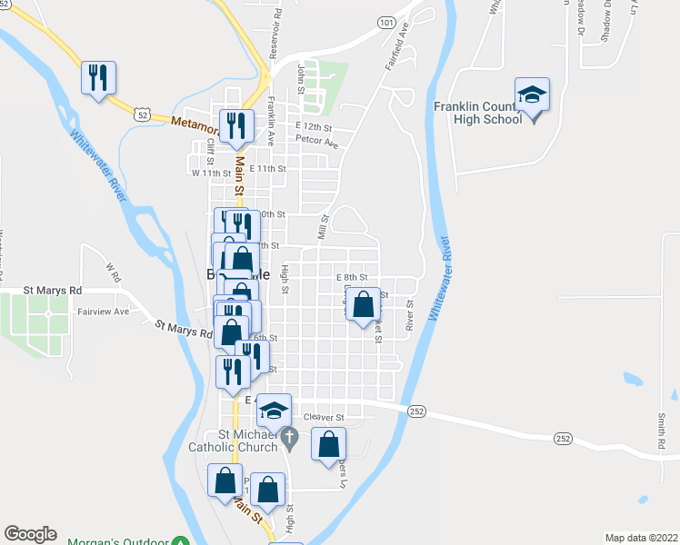 map of restaurants, bars, coffee shops, grocery stores, and more near 429 East 8th Street in Brookville