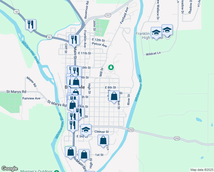 map of restaurants, bars, coffee shops, grocery stores, and more near 429 East 8th Street in Brookville