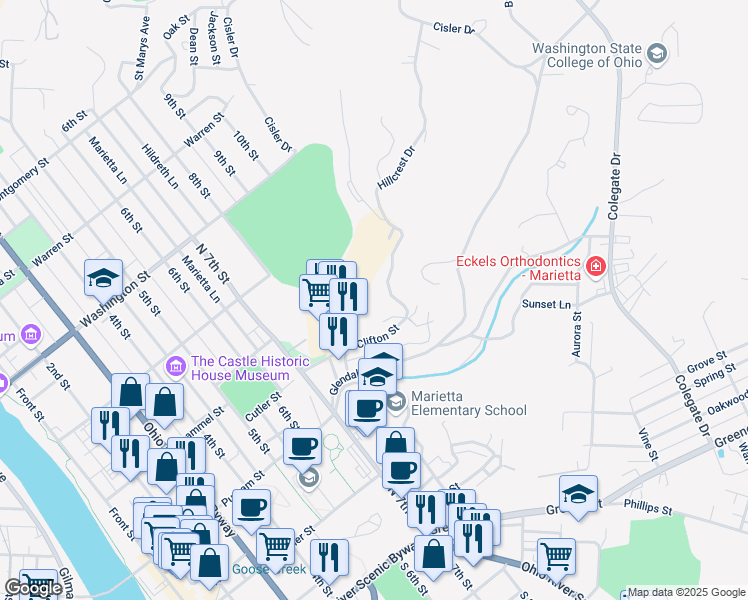 map of restaurants, bars, coffee shops, grocery stores, and more near 1 -25 Clifton Street in Marietta