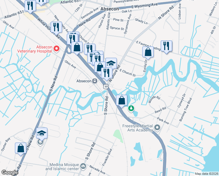 map of restaurants, bars, coffee shops, grocery stores, and more near 2 East Absecon Boulevard in Absecon
