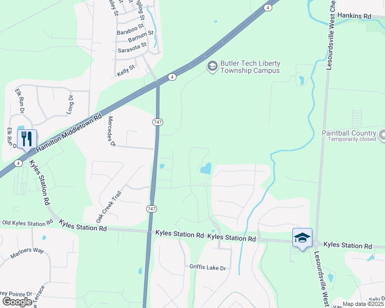 map of restaurants, bars, coffee shops, grocery stores, and more near 4966 Snow Valley Lane in Butler County