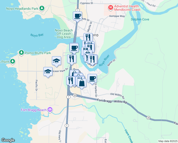 map of restaurants, bars, coffee shops, grocery stores, and more near 19350 South Harbor Drive in Fort Bragg