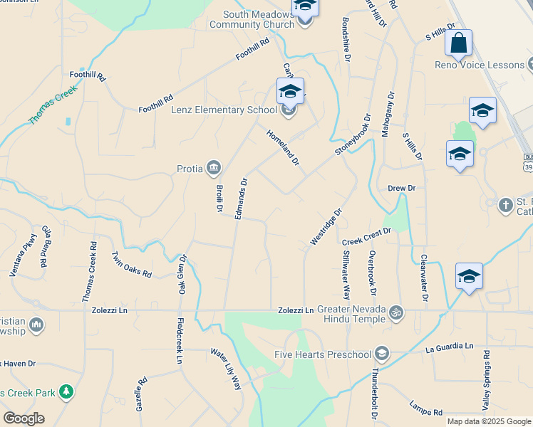 map of restaurants, bars, coffee shops, grocery stores, and more near 15205 Broili Drive in Reno