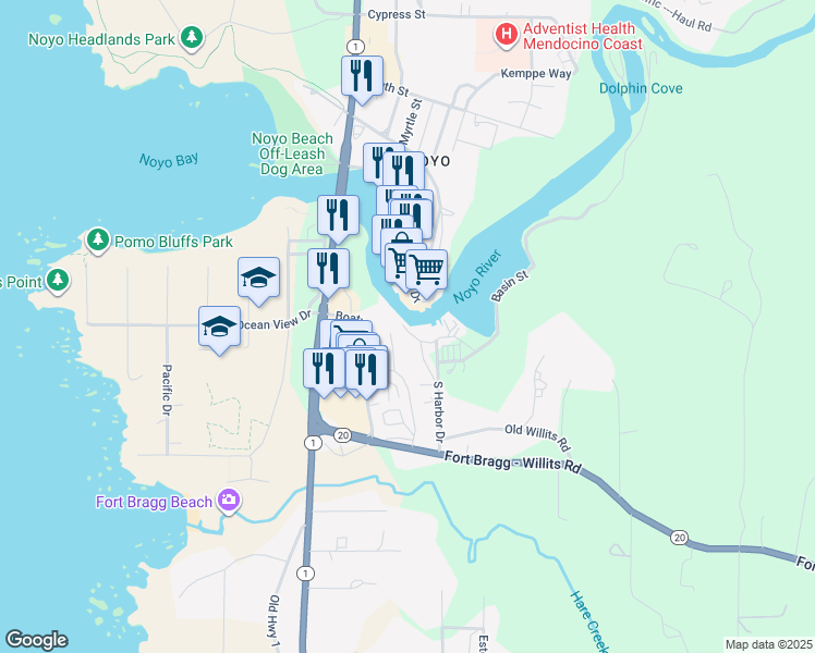 map of restaurants, bars, coffee shops, grocery stores, and more near 19350 South Harbor Drive in Fort Bragg