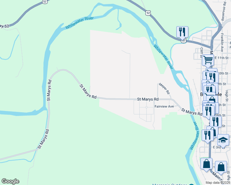 map of restaurants, bars, coffee shops, grocery stores, and more near 12050 Saint Mary Road in Brookville