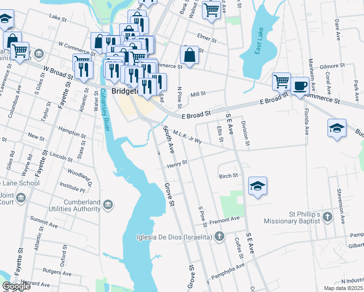 map of restaurants, bars, coffee shops, grocery stores, and more near 32 South Pine Street in Bridgeton