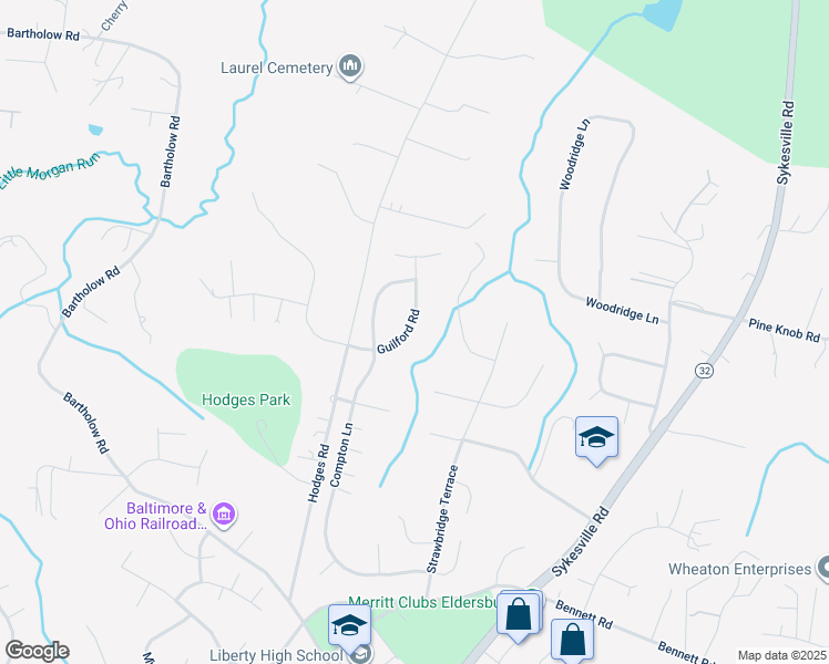 map of restaurants, bars, coffee shops, grocery stores, and more near 1257 Guilford Road in Eldersburg