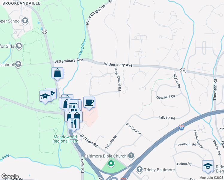 map of restaurants, bars, coffee shops, grocery stores, and more near 73 Seminary Farm Road in Lutherville-Timonium