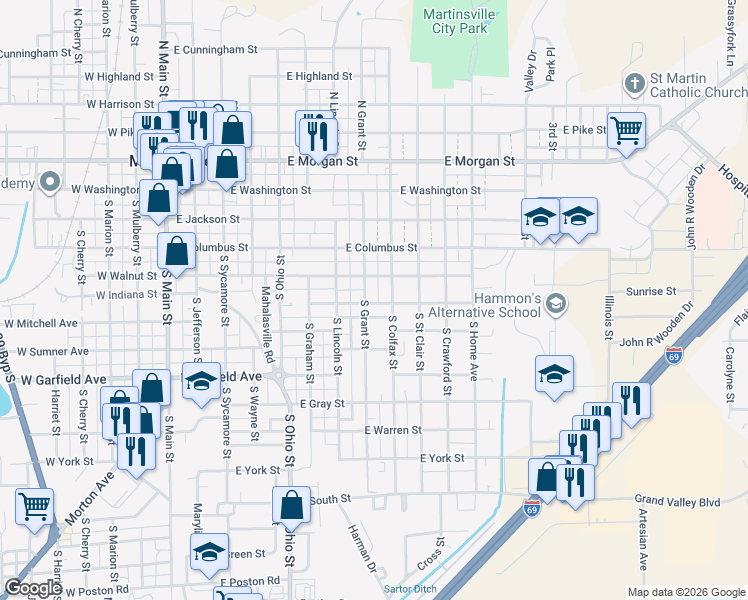 map of restaurants, bars, coffee shops, grocery stores, and more near 729 East Nutter Street in Martinsville