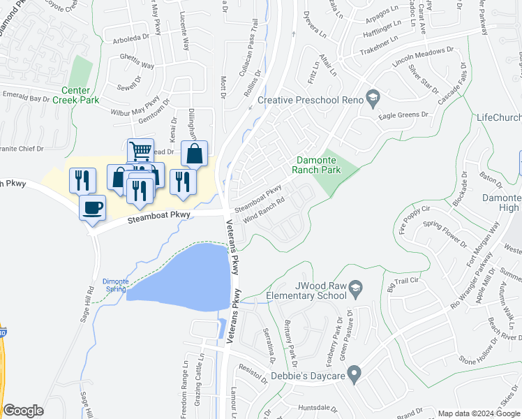 map of restaurants, bars, coffee shops, grocery stores, and more near 1815 Wind Ranch Road in Reno