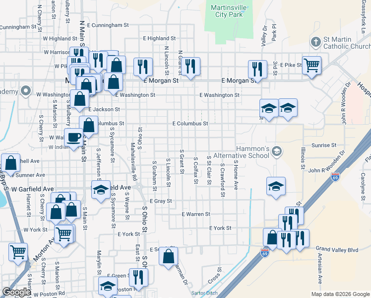 map of restaurants, bars, coffee shops, grocery stores, and more near 729 East Nutter Street in Martinsville