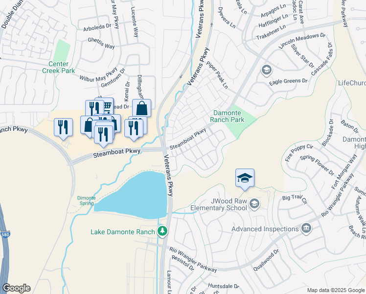 map of restaurants, bars, coffee shops, grocery stores, and more near 1805 Wind Ranch Road in Reno