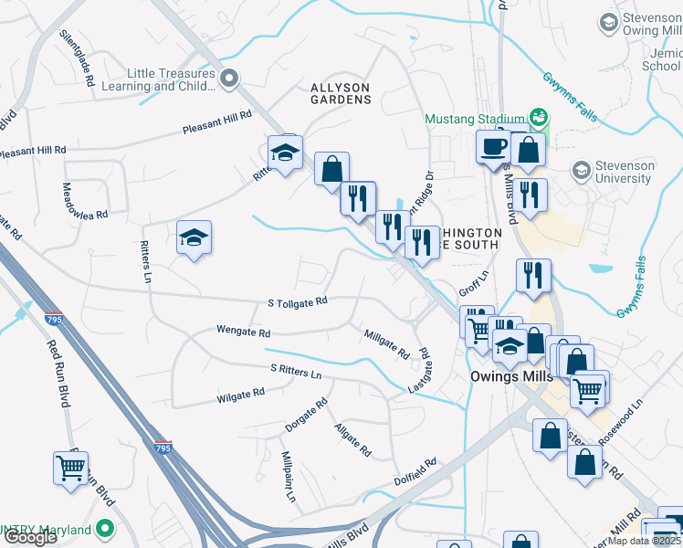 map of restaurants, bars, coffee shops, grocery stores, and more near 19 Old Tollgate Road in Owings Mills