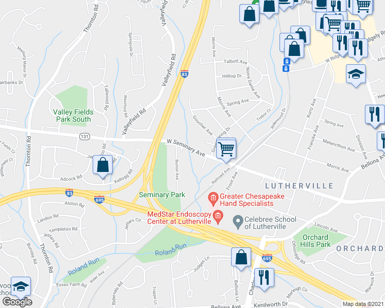 map of restaurants, bars, coffee shops, grocery stores, and more near 612 West Seminary Avenue in Lutherville-Timonium